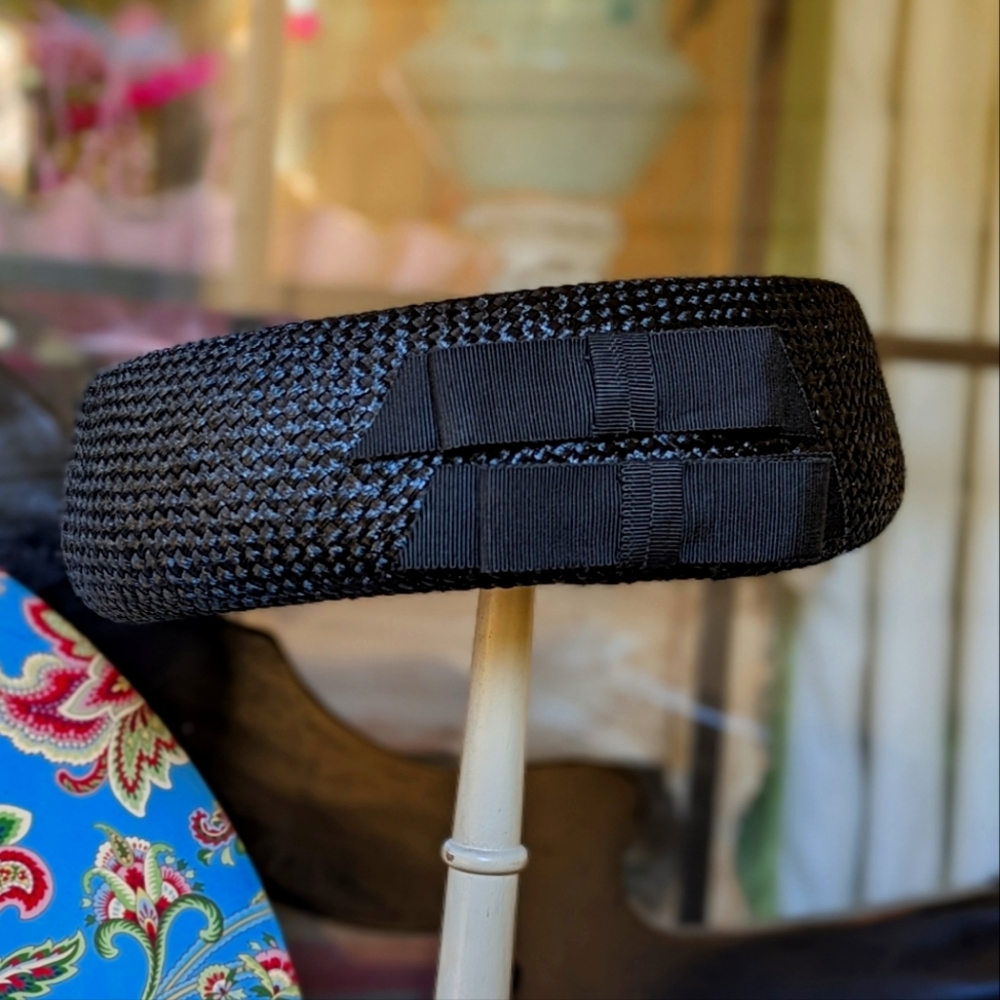 Pillbox Straw Black Hat with Ribbon Bows